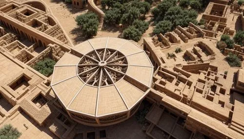 escher village,aerial landscape,millenium falcon,st catherine's monastery,karnak,petra,lalibela,roof structures,wooden construction,scale model,ait-ben-haddou,drone image,roof construction,caravansary,overhead view,caravanserai,sagrada familia,anasazi,sand clock,aerial photograph,Architecture,General,Central Asian Traditional,Nubian