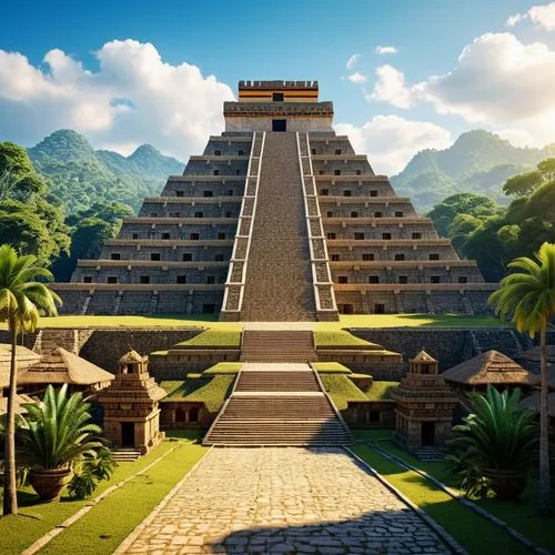 Aztec empire pyramid , forest , village ,a building with multiple levels and steps leading up to the top of the building,tenochtitlan,kukulkan,aztec,mayan,aztecas,azteca,mesoamerican,tikal,mesoamerica