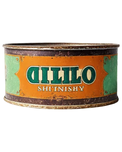 Retro milo tin, vintage packaging, old-fashioned label design, rusty metal texture, curved shape, worn-out edges, faded colors, morning dew, soft sunlight filtering through mist, panoramic view, cinem