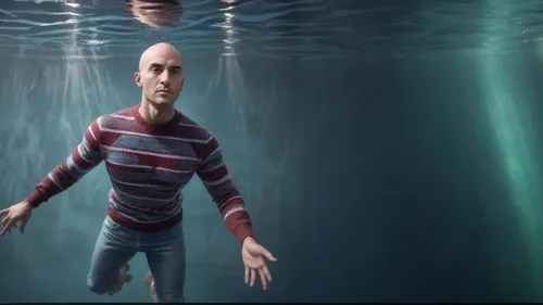 A bald adult deep underwater, album cover, realistic, smooth blending,8K,,a man in the middle of an underwater scene,ood,underwater background,the man in the water,obertan,megamind,saitek