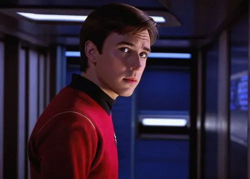 Wesley Crusher, Starfleet Academy, young adult, curious eyes, messy brown hair, casual pose, iconic red sweater with black stripes, white shirt underneath, dark blue pants, standing, USS Enterprise NC