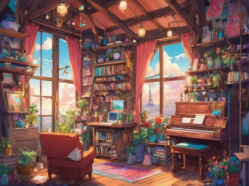 Write a whimsical story about a bohemian artist living in a Parisian attic.,study room,dandelion hall,playing room,classroom,room,book store,reading room,the little girl's room,bookstore,bookcase,wate