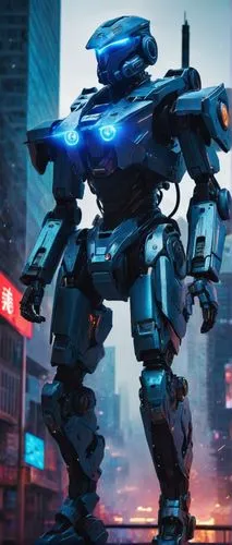 Sci-fi mech, futuristic, metallic body, glowing blue eyes, sharp edges, detailed mechanical limbs, armored chest plate, jet propulsion system, smoke effects, explosion sparks, cityscape background, sk