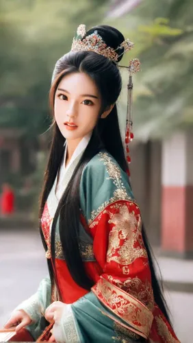 A beautiful Asian woman black long hair  red chinese queen traditional costume    4 k picture,hanbok,oriental princess,geisha girl,oriental girl,korean culture,geisha,yi sun sin,inner mongolian beauty