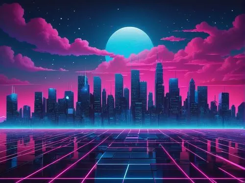 80's design,futuristic landscape,retro background,cityscape,80s,cyberpunk,cyberspace,metropolis,fantasy city,vapor,3d background,dusk background,futuristic,city skyline,cyber,colorful city,aesthetic,digital background,dystopia,vast,Art,Artistic Painting,Artistic Painting 06