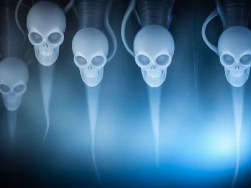 background H.R. Giger influence,four white human heads with some light shining behind them,skeletal,skeletons,abductees,femurs,bacteriophages,osteoporotic