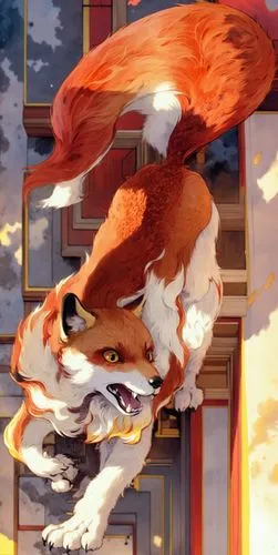 白色鬃毛,a digital drawing of a red fox with it's head on the top of the wolf,tyto,jatayu,endeavor,okami,griffon,griffin