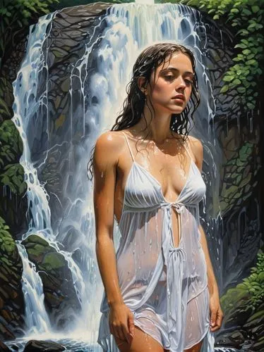 struzan,water nymph,girl on the river,waterfall,water fall,oil painting,bridalveil,waterfalls,cachoeira,woman at the well,oil painting on canvas,donsky,cascading,the blonde in the river,amazonas,bridal veil fall,fantasy picture,water flowing,fantasy art,young woman,Conceptual Art,Daily,Daily 23