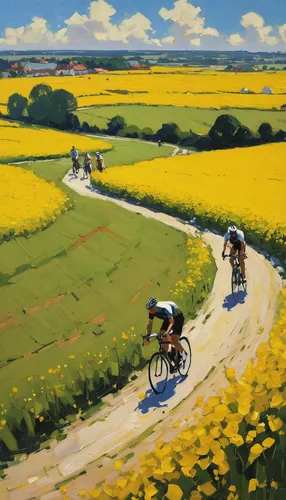 Rape Painting - Cyclists And Yellow Field by Andrew Macara,artistic cycling,tour de france,cyclists,cross-country cycling,bicycle racing,cross country cycling,road bicycle racing,road cycling,cyclo-cr