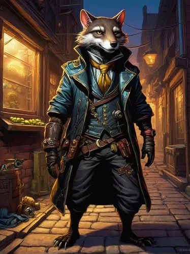 A detailed and intricately designed anthropomorphic ratwolf, Grif, adorned in sophisticated attire, complete with a leather jacket, a vest, and various steampunk thief accessories. Grif is fat, in his