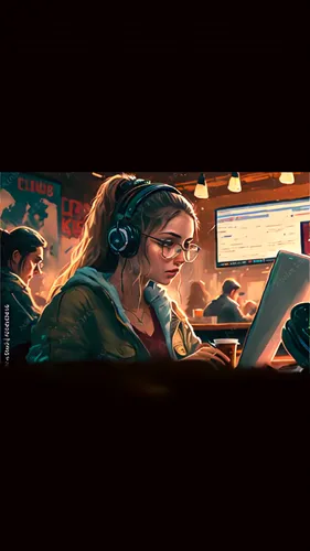 girl at the computer,game illustration,sci fiction illustration,girl studying,digital nomads,computer addiction,world digital painting,cg artwork,freelancer,cyberpunk,digital painting,librarian,blonde