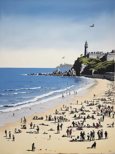 Picture a lively sandy beach bustling with tourists.,tynemouth,tenby,bournemouth,cromer,saltburn,tamarama,saltburn by the sea,saltburn beach,beach landscape,cromer pier,bamburgh,bondi beach,bondi,swan