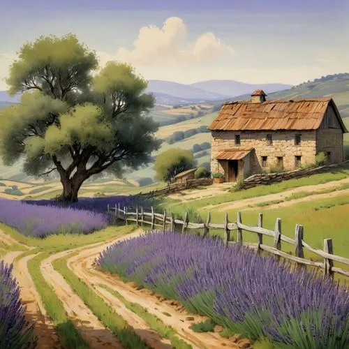 Rustic farmhouse, rural landscape, rolling hills, green pastures, agricultural machines, tractors, harvesters, windmill, barns, silos, vineyards, orchards, olive trees, lavender fields, sunny afternoo