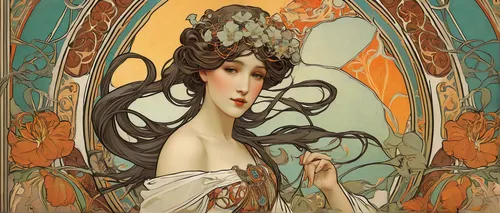 mucha,art nouveau,art nouveau design,art nouveau frame,alfons mucha,art nouveau frames,art deco woman,art deco frame,amano,dryad,rusalka,art deco,orange blossom,girl in a wreath,art deco ornament,art deco wreaths,faerie,faery,oriental princess,golden wreath,Illustration,Retro,Retro 03