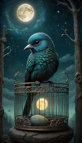 nocturnal bird,night bird,blue bird,bird cage,twitter bird,bird illustration,blue moon,songbirds,blue parrot,cage bird,bird painting,blue parakeet,bluebird perched,moonlit night,3d crow,bird kingdom,raven bird,bird bird kingdom,birds of prey-night,ornamental bird,Illustration,Abstract Fantasy,Abstract Fantasy 06