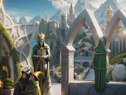 Two characters in the scene in the low left corner, we can see in the front, the green Wizard, wearing a green spiky wide-brimmed hat and wrapped in his green hooded cloak, staring at the wall paint o