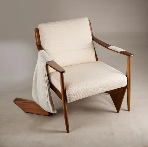 armchair with walnut wood structure and beige fabric upholstery, a checkered pattern is on top of it, high quality,rocking chair,wing chair,armchair,sleeper chair,tailor seat,danish furniture,chair pn