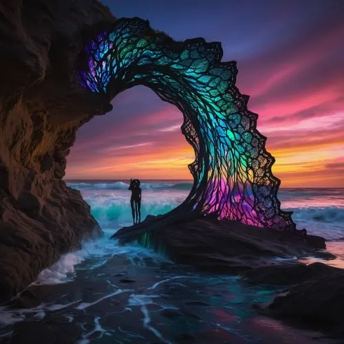 rainbow waves,mermaid background,mermaid silhouette,3d fantasy,la jolla,wavefront,fantasy picture,fantasy art,light art,colorful light,natural arch,colorful water,mermaid tail,iridescent,ocean paradise,erosion,rift,art forms in nature,colorful spiral,fallen colorful,Conceptual Art,Fantasy,Fantasy 02