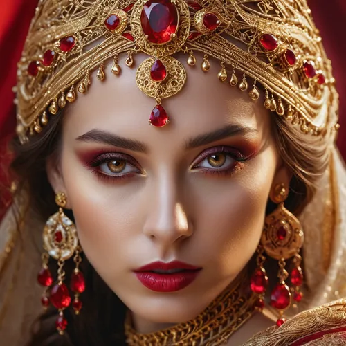 fantasy portrait, Golden threads, gold jewelry with red rubies, mysterious eyes in light brown
,indian bride,indian woman,east indian,indian girl,bridal jewelry,bridal accessory,indian,orientalism,ind