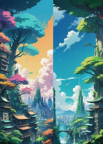 backgrounds,fantasy landscape,tree tops,parallel worlds,landscapes,mushroom landscape,day and night,color is changable in ps,forests,pillars,3d fantasy,parallel world,virtual landscape,towers,world digital painting,four seasons,the forests,4 seasons,trees,other world,Illustration,Japanese style,Japanese Style 03