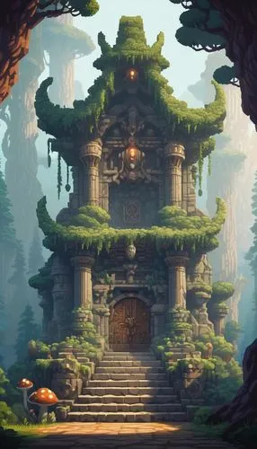 mushroom landscape,japanese shrine,mushroom island,shrine,ancient house,kanto,ancient city,teahouse,bird kingdom,hanging temple,ghibli,asian architecture,shrines,fairy village,dojo,teikoku,studio ghibli,sanctum,maplestory,fantasy landscape,Unique,Pixel,Pixel 01