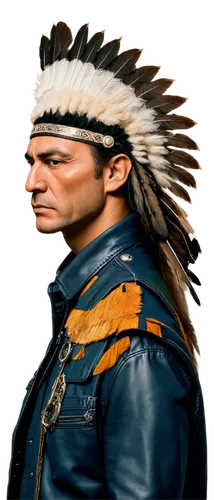 Male chief, mature, authoritative, Native American, feathered headdress, strong facial features, prominent nose, sharp jawline, braided hair, muscular chest, leather jacket, ornate belt buckle, holdin