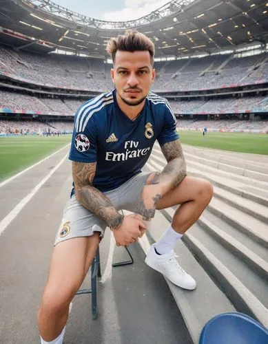 Um homem moreno claro, cabelo ondulado penteado de lado, elegante vestindo a camisa do Real Madrid, tatuagem no braço direito, com uma bermuda rasgada, ténis branco e, na arquibancada de um estádio de