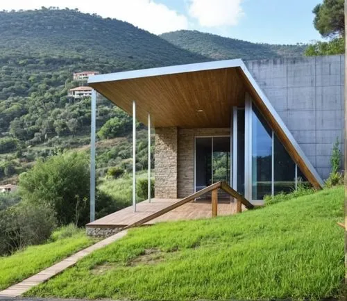 in a hilly context of the summer Sicilian landscape, a single-storey structure of trapezoidal shape suspended with pilots from the rural terrain with main access from one of the shorter sides via stee