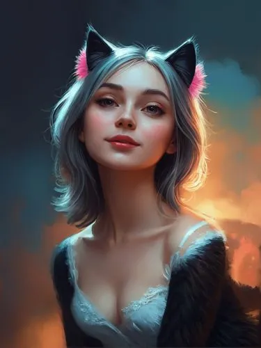 a digital art painting of a woman with cat ears,the girl with kitty ears is looking to her left,morgana,fantasy portrait,kat,kittani,grizabella,digital painting,Photography,Documentary Photography,Doc