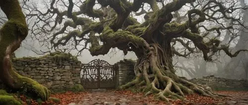 witch's house,witch house,creepy tree,elfland,stone gate,forest chapel,moss landscape,celtic tree,druidism,fairy house,old tree,haunted forest,fangorn,druidic,ghost castle,old graveyard,haunted castle,holloways,carcosa,enchanted forest,Illustration,Realistic Fantasy,Realistic Fantasy 43