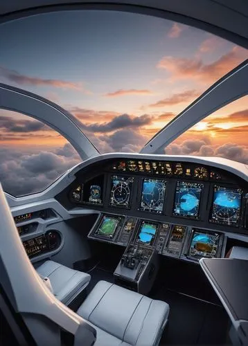 Futuristic aircraft, sleek design, metallic silver body, curved wings, cockpit with glass canopy, pilot in uniform, aviator sunglasses, headphones, complex control panel, leather seat, oxygen mask, fu