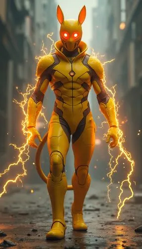 
3d realistic character of a Bright yellow suit with brown stripes on back. Red cheek circles on mask generate electricity. Lightning bolt tail and ears. Shoots powerful electric blasts.,an image of a