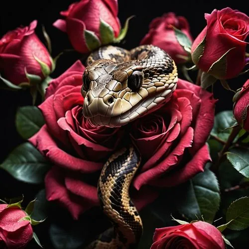 A snake made of roses, its head is like a rose bud, black background, intense volumetric rays of light from above, Canon EOS-7D X Mark II shallow depth of field ,romantic rose,red tailed boa,rose arra