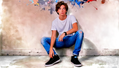 Teen boy, goofy expression, messy brown hair, bright blue eyes, freckles on nose, casual wear, white t-shirt, ripped denim jeans, black sneakers, leaning against wall, relaxed posture, softbox lightin