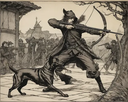 schutzhund,cordoba fighting dog,robin hood,hunting scene,quarterstaff,sword fighting,longbow,the pied piper of hamelin,swordsman,fox hunting,stage combat,yi sun sin,game illustration,cat warrior,bow and arrows,don quixote,épée,animals hunting,swordsmen,hanover hound,Illustration,Retro,Retro 25