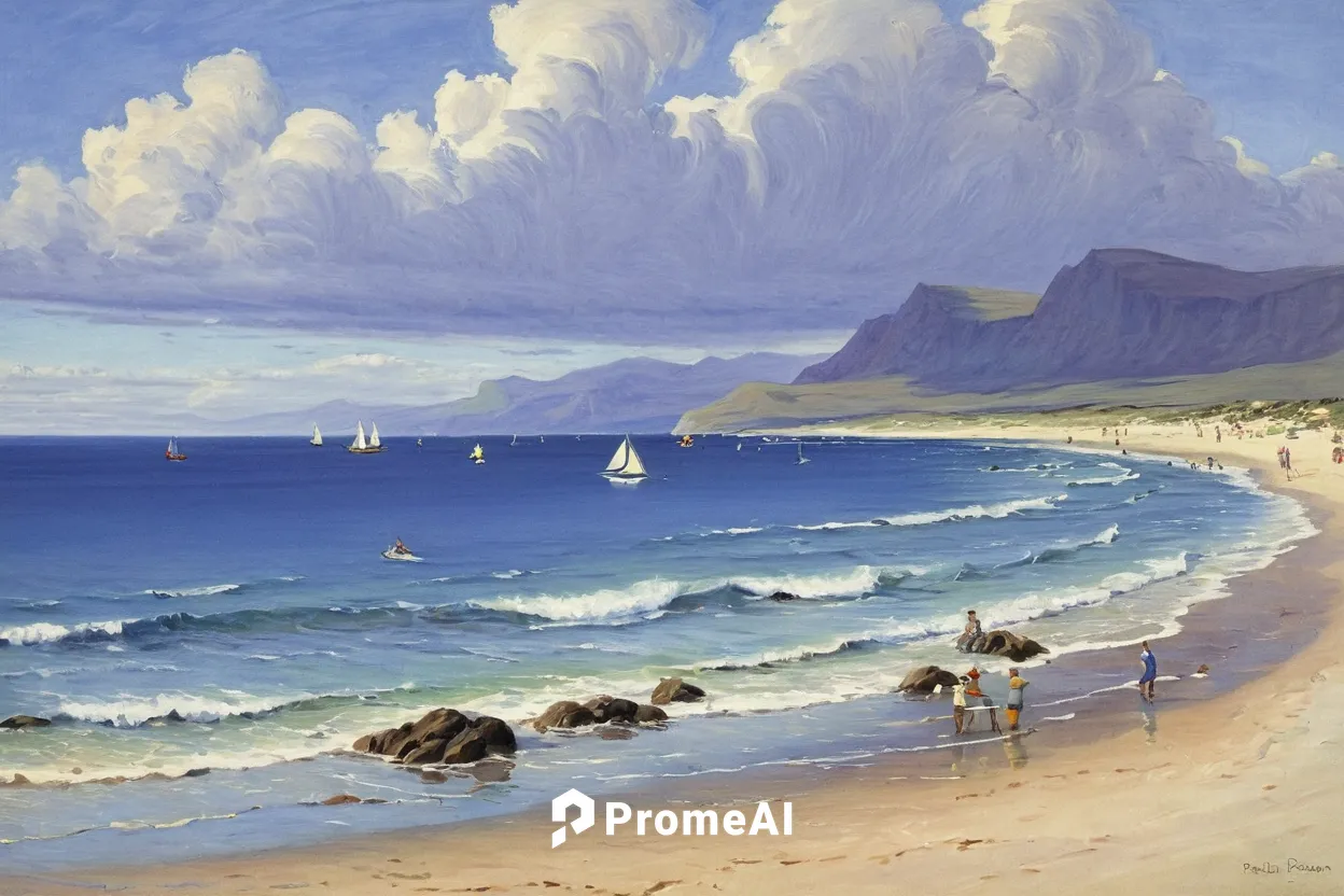 Seaside Painting - Fun At The Beach by Roelof Rossouw,beach landscape,coastal landscape,twelve apostles,landscape with sea,the twelve apostles,sea landscape,seascape,mountain beach,beach scenery,seasc