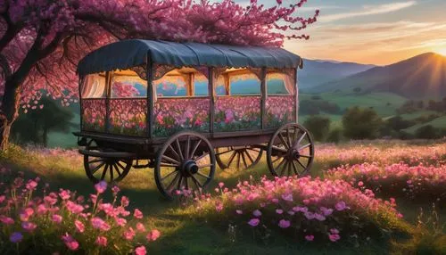 flower cart,flower car,wooden carriage,carriage,splendor of flowers,covered wagon,Photography,Artistic Photography,Artistic Photography 02