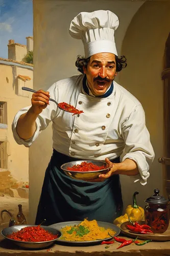 sicilian cuisine,mediterranean cuisine,chef,men chef,italian painter,chef's uniform,italian cuisine,carpaccio,italian food,turkish cuisine,spanish cuisine,iranian cuisine,anellini,cuisine of madrid,food and cooking,enrico caruso,cuisine classique,capellini,cacciatore,italian pasta,Art,Classical Oil Painting,Classical Oil Painting 08