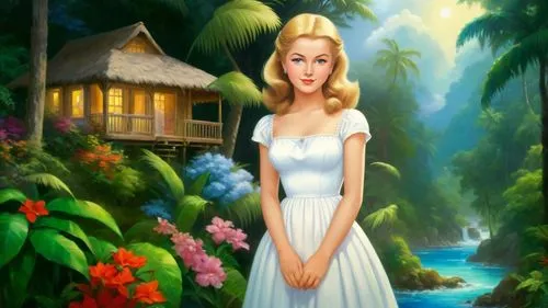 Romantic masterpiece oil painting, beautiful girl portrait, nostalgic 1950's style kitsch, vibrant rainforest bungalow landscape, lush tropical jungle paradise, summer beach scenery, by Thomas Kinkade