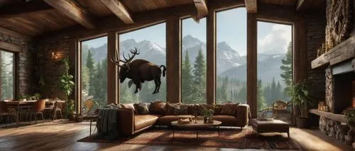 Rustic buffalo-themed living room, wooden furniture, brown leather sofa, vintage rug, stone fireplace, antlers on wall, natural light pouring in through large windows, greenery plants on shelf, earthy