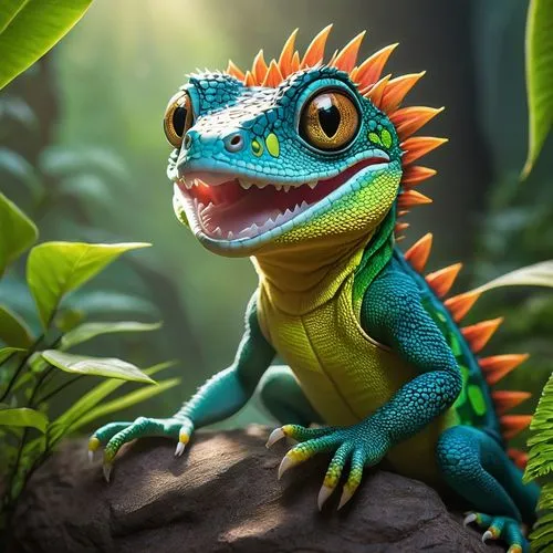 Anthropomorphic gecko, green scaly skin, big round eyes, eyelashes, smiling face, short spiky hair, earring, sleeveless shirt, ripped jeans, sneakers, sitting on a rocky outcrop, tropical forest, vine