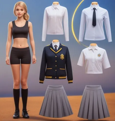 Paper doll British schoolgirl in black sleeveless shirt ,black tight fit spandex shorts with black sock and black shoe standing surrounded by with a set of british school uniform, shirt, grey pleated 