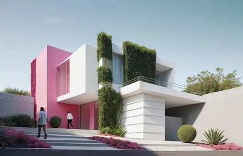 DISEÑO DE UNA CASA ESTILO MEXICANO MODERNO, CON FUSION DE LA ARQUITECTURA MINIMALISTA, USO PREDOMINANTE DEL COLOR BLANCO CON UN MURO EN COLOR ROSA MEXICANO, VEGETACIÓN EXUBERANTE, PERSONAS, EXCELENTE 