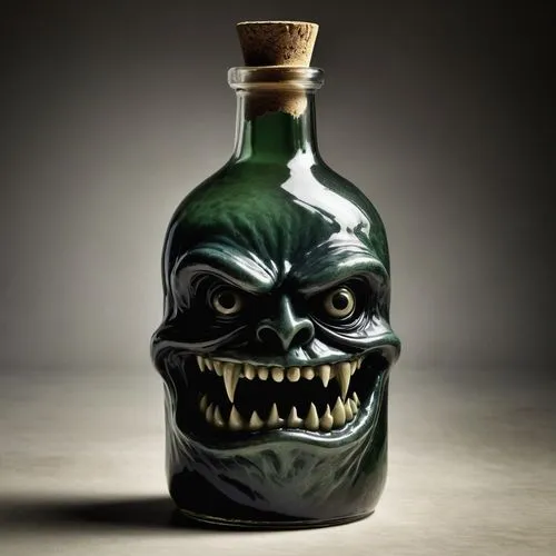 surrealist monster alive bottle, nightmare,secretive,provocative,symbolic,anthropomorphic food,clean background,detailed,poison bottle,jug,tequila bottle,water jug,empty bottle,clay jug,isolated bottl