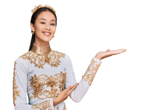 Vietnamese Ao Dai, traditional dress, intricate embroidery, long sleeves, flowing skirt, high neckline, golden accessories, elegant hair bun, gentle smile, soft eyes, delicate fingers, subtle makeup, 