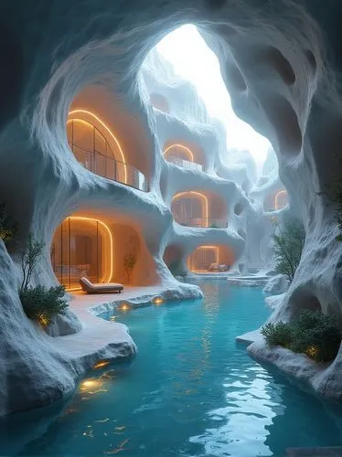 igloos,futuristic landscape,the blue caves,cave on the water,blue caves,grotte