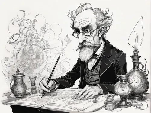 theoretician physician,professor,hans christian andersen,watchmaker,chemist,book illustration,scientist,clockmaker,hand-drawn illustration,apothecary,reading magnifying glass,caricaturist,sci fiction illustration,erlenmeyer,self-portrait,writing or drawing device,candlemaker,illustrator,researcher,einstein,Illustration,Black and White,Black and White 08