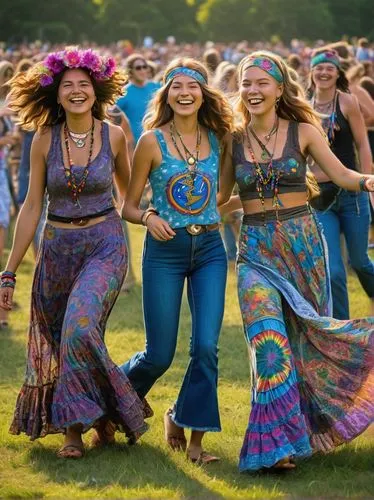 Grateful Dead fans, hippie girls, twirling, dancing, flowy hair, colorful flowers in hair, bright smile, joyful eyes, psychedelic clothing, flowing skirts, lace tops, bell-bottom jeans, headbands, bar