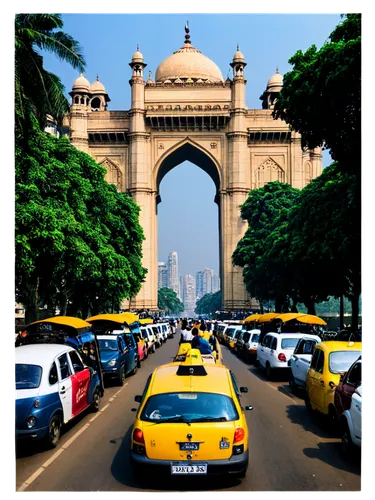 Mumbai cityscape, daytime, skyscrapers, Gateway of India, Taj Mahal Palace Hotel, crowded streets, yellow black taxis, street vendors, food stalls, Bollywood posters, bright colors, vibrant atmosphere