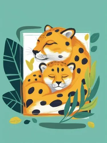 Flat style simple illustration postcard, mother cheetah sleep with her cub, frames with tropical leaves,a painting of two cats that are in a frame,tigor,animal stickers,cheeta,endangered,animal icons,